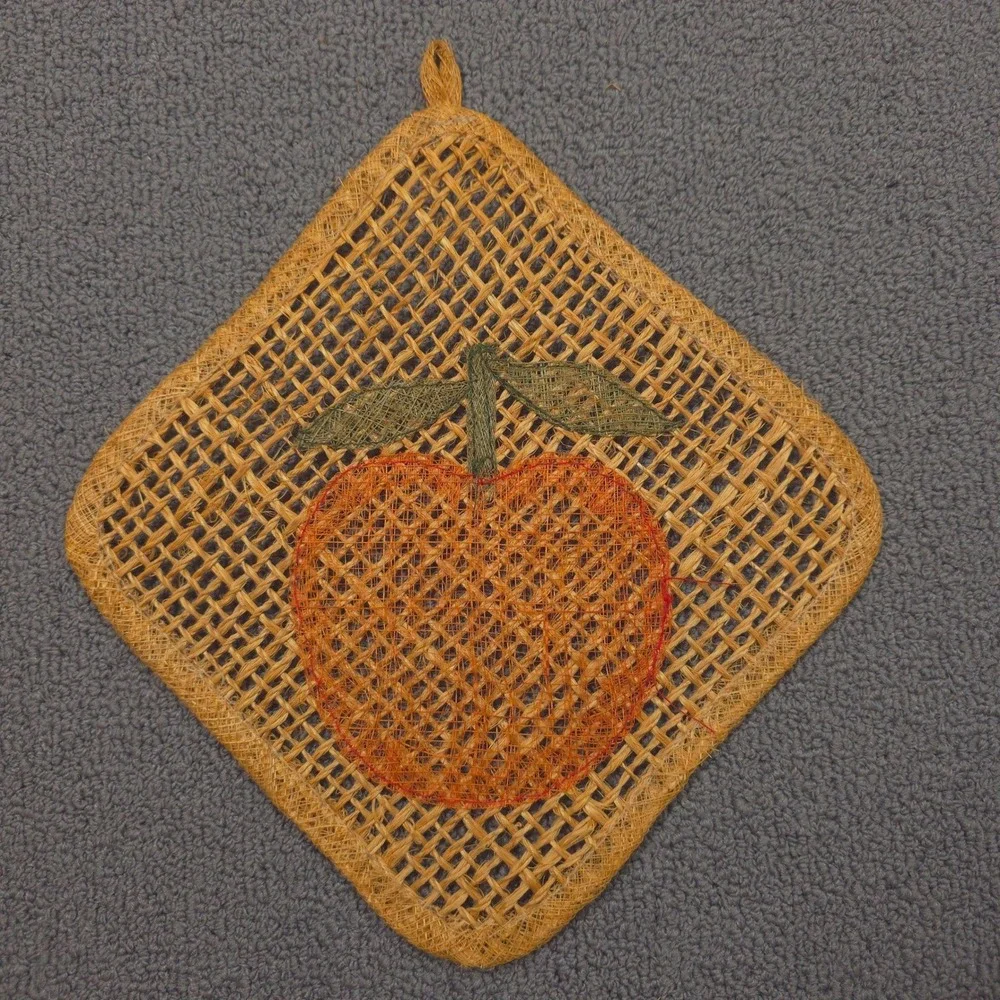 Vintage Woven Straw Peach‎ Trivets Pot Holders Set of 4 Orange Tan Boho Kitchen